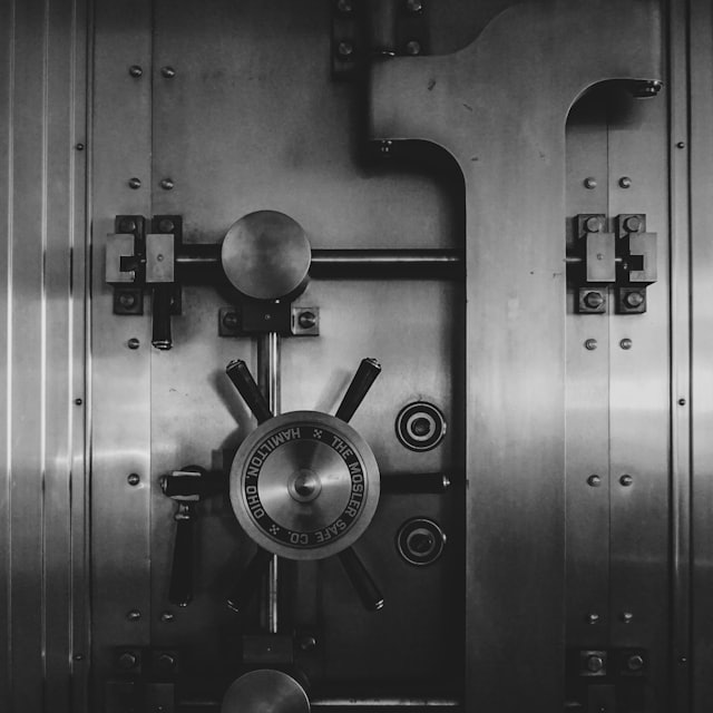 A heavy bank vault door