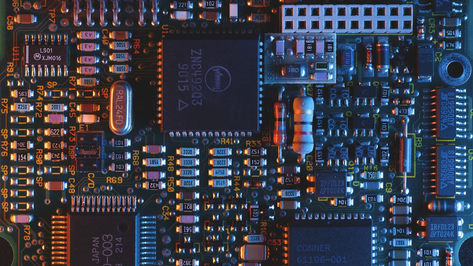 A close-up macro of a computer circuit board