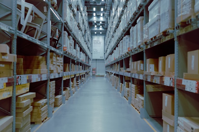 Tall organized warehouse shelves